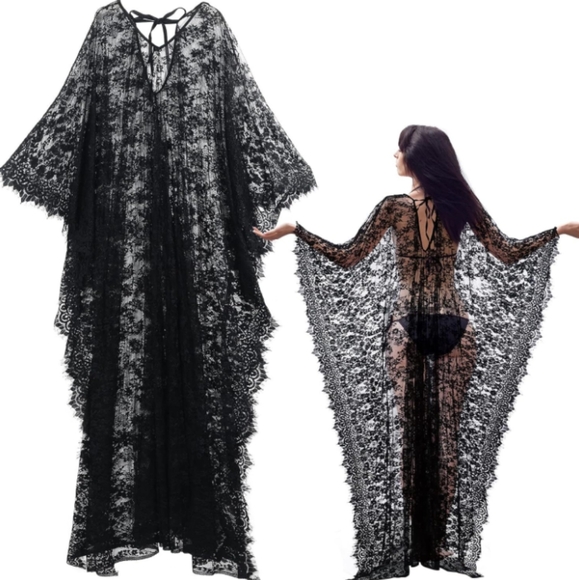 Sheer Sexy Black Lace Caftan Long Maxi Coverup Lingerie Dress Gothic Gown Kaftan - Picture 12 of 16